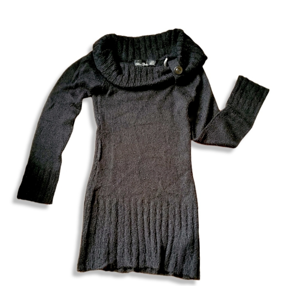Black Cowl Neck Longline Sweater Women’s Large Cozy Fall Knit Button Detail